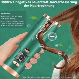 Automatic Hair Curler Wireless Rotating Curling Iron LCD Screen Ceramic Heating Wave Curling Tongs Portable Curler Styler Tools (Color: Green)